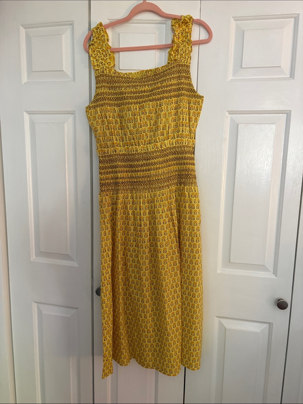 Loeffler Randall Yellow Smocked Midi Dress with Printed Motif - L